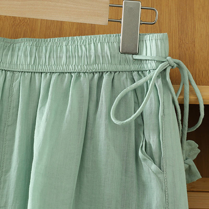 Buddha Stonesカジュアル 無地 裏地 リボン 伸縮性 レディース ポリエステル ワイドレッグパンツ ポケット付き