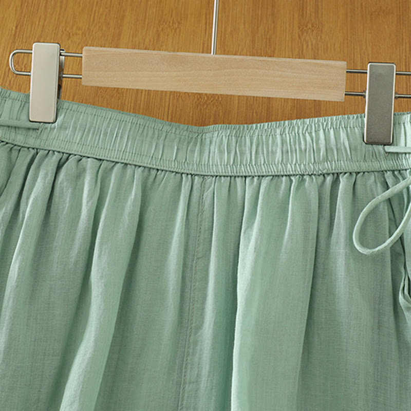 Buddha Stonesカジュアル 無地 裏地 リボン 伸縮性 レディース ポリエステル ワイドレッグパンツ ポケット付き