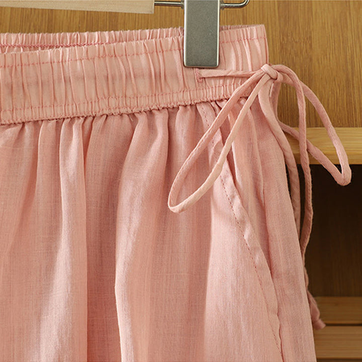 Buddha Stonesカジュアル 無地 裏地 リボン 伸縮性 レディース ポリエステル ワイドレッグパンツ ポケット付き