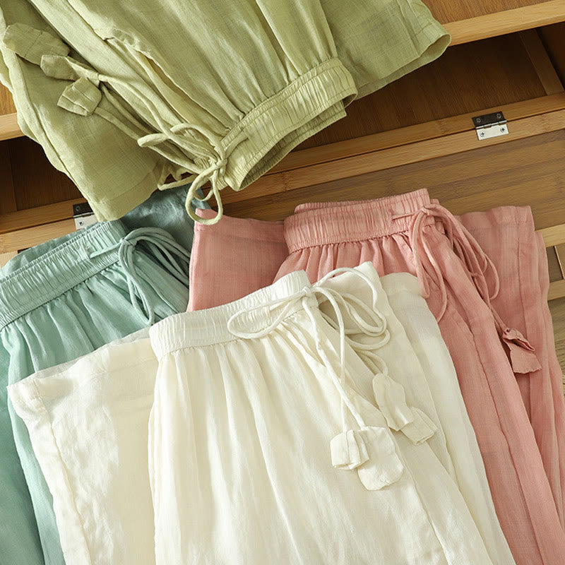 Buddha Stonesカジュアル 無地 裏地 リボン 伸縮性 レディース ポリエステル ワイドレッグパンツ ポケット付き