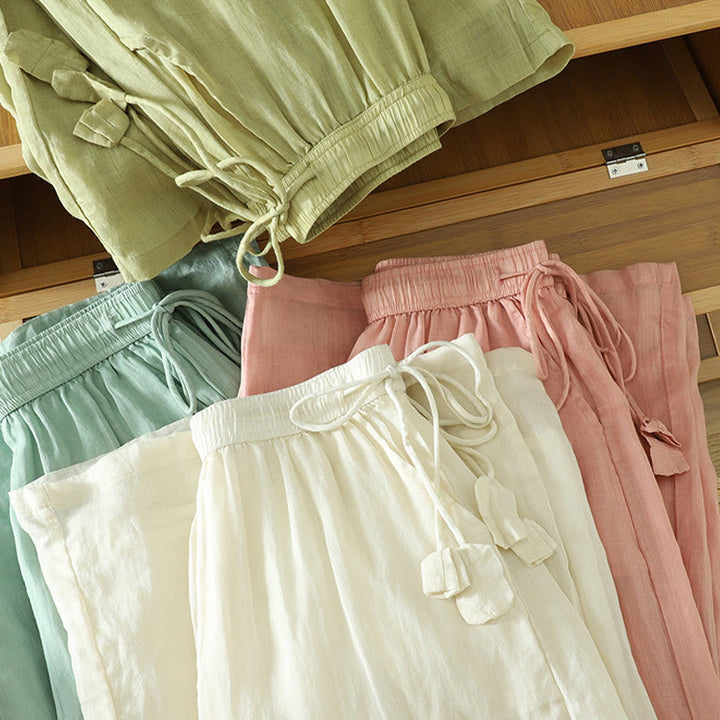 Buddha Stonesカジュアル 無地 裏地 リボン 伸縮性 レディース ポリエステル ワイドレッグパンツ ポケット付き