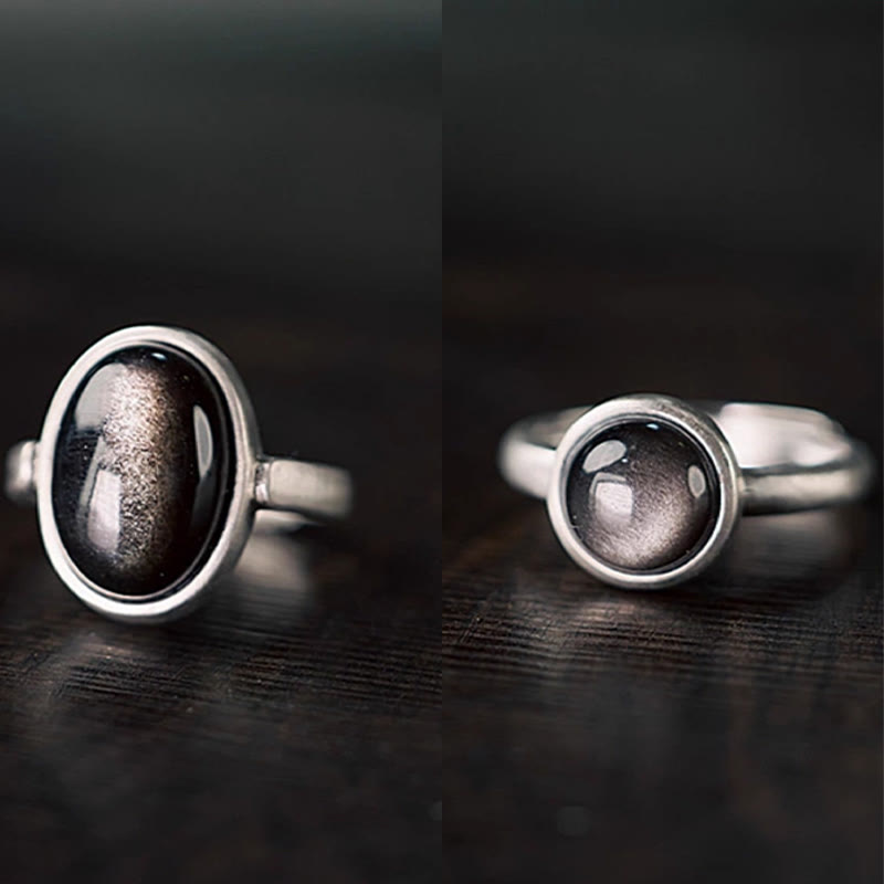 Buddha Stones天然 925 スターリングシルバー シルバーシーンオブシディアン 調節可能 プロテクションリング