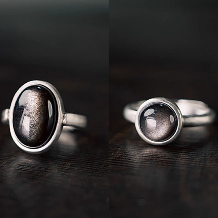 Buddha Stones天然 925 スターリングシルバー シルバーシーンオブシディアン 調節可能 プロテクションリング