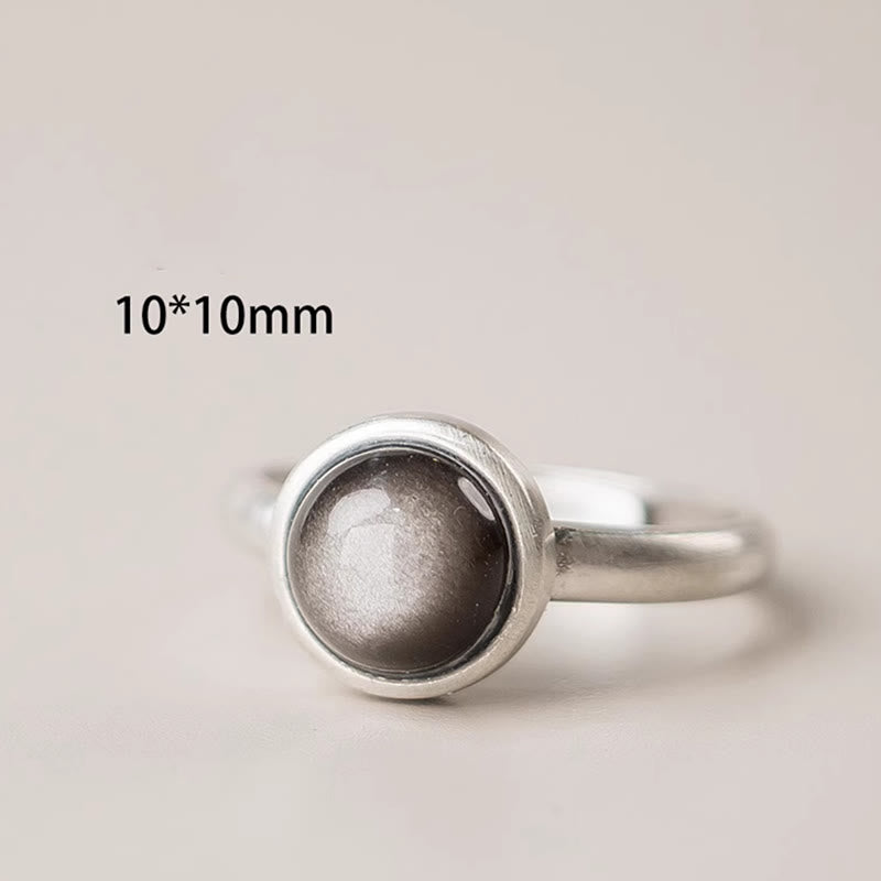 Buddha Stones天然 925 スターリングシルバー シルバーシーンオブシディアン 調節可能 プロテクションリング