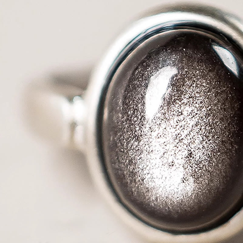 Buddha Stones天然 925 スターリングシルバー シルバーシーンオブシディアン 調節可能 プロテクションリング