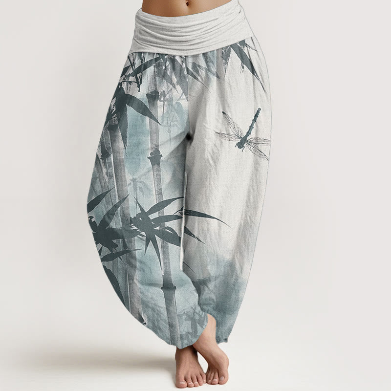 Buddha Stonesピュアコットン カジュアル 竹の葉 トンボ柄 レディース 伸縮性ウエスト ハーレムパンツ