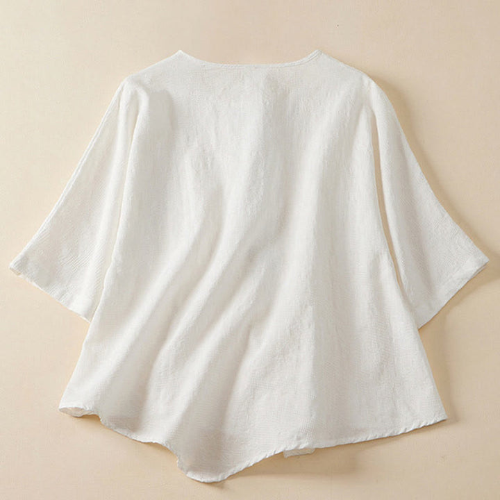 Buddha Stonesカジュアルフラワーカラフルフロッグボタン半袖コットンリネンレディースシャツ - image 15