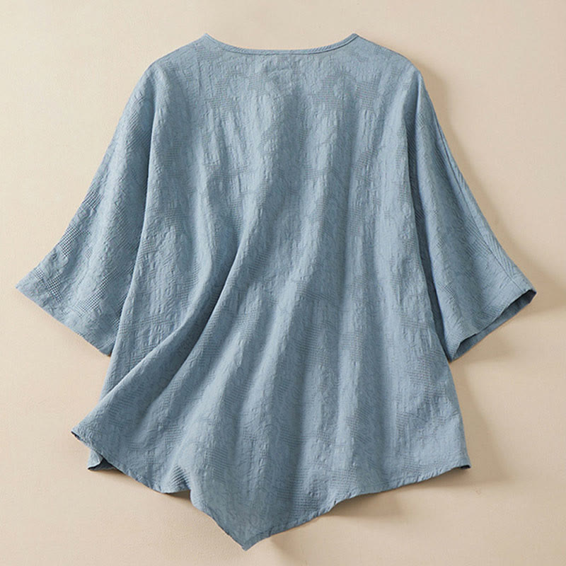 Buddha Stonesカジュアルフラワーカラフルフロッグボタン半袖コットンリネンレディースシャツ - image 2