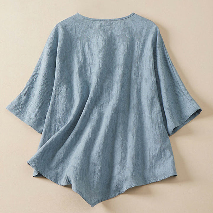 Buddha Stonesカジュアルフラワーカラフルフロッグボタン半袖コットンリネンレディースシャツ - image 2