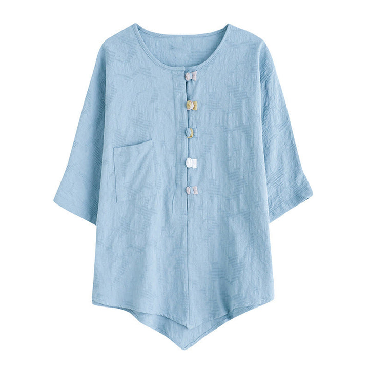 Buddha Stonesカジュアルフラワーカラフルフロッグボタン半袖コットンリネンレディースシャツ - image 3