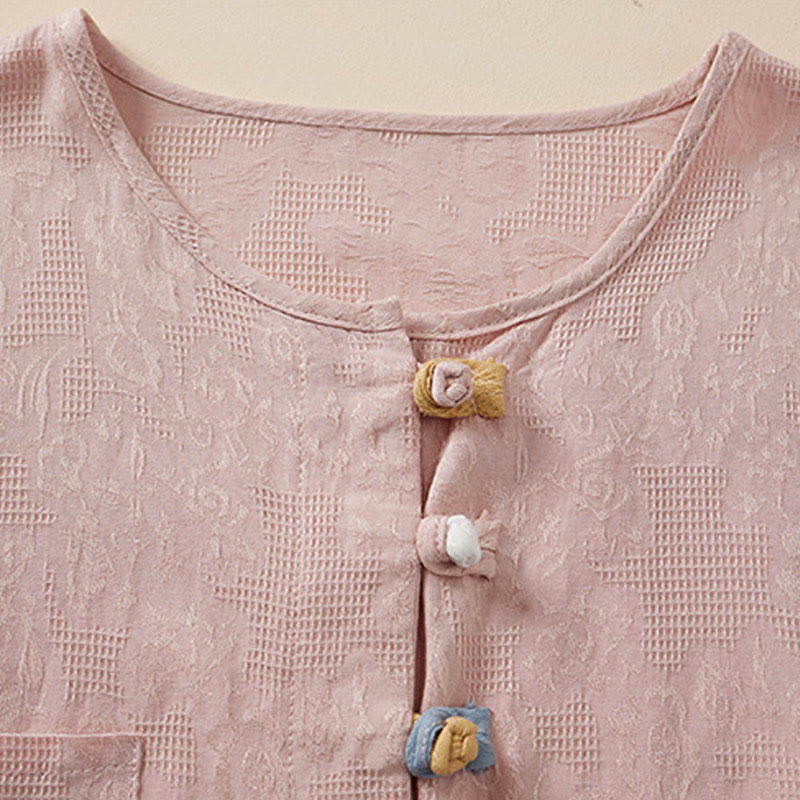 Buddha Stonesカジュアルフラワーカラフルフロッグボタン半袖コットンリネンレディースシャツ - image 6