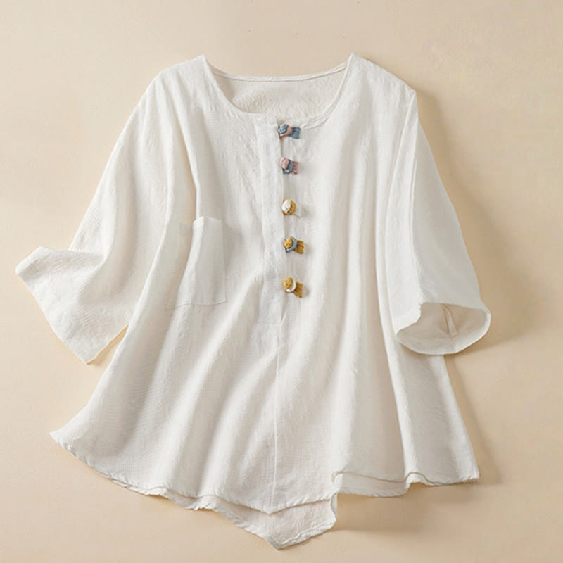 Buddha Stonesカジュアルフラワーカラフルフロッグボタン半袖コットンリネンレディースシャツ - 白 - US8-10,UK/AU12-14,EU40-42 (2XL) - image 14