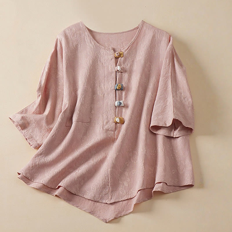 Buddha Stonesカジュアルフラワーカラフルフロッグボタン半袖コットンリネンレディースシャツ - ピンク - US8-10,UK/AU12-14,EU40-42 (2XL) - image 4