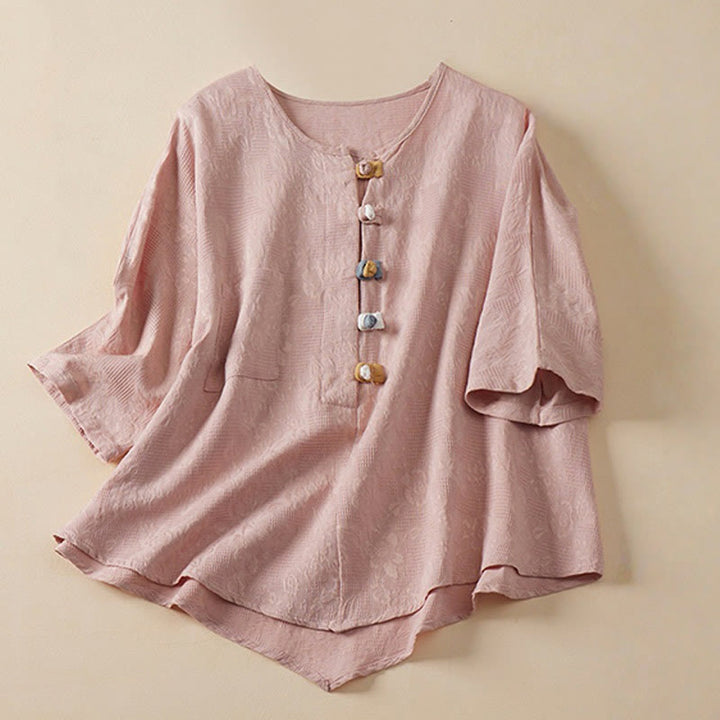 Buddha Stonesカジュアルフラワーカラフルフロッグボタン半袖コットンリネンレディースシャツ - ピンク - US8-10,UK/AU12-14,EU40-42 (2XL) - image 4