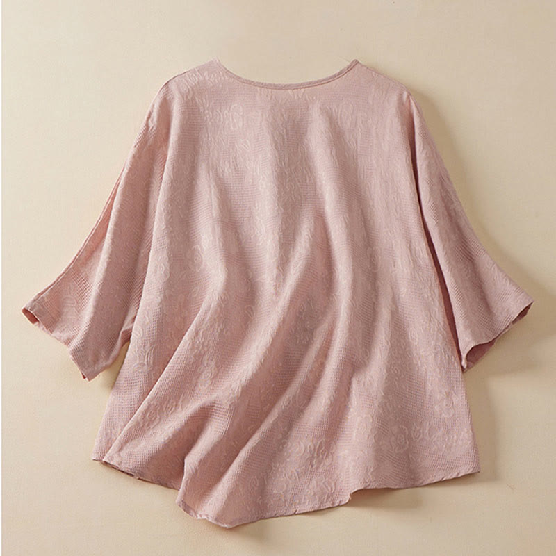 Buddha Stonesカジュアルフラワーカラフルフロッグボタン半袖コットンリネンレディースシャツ - image 5