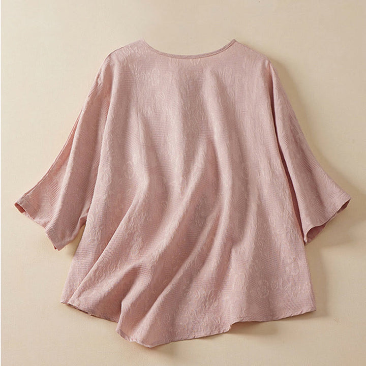 Buddha Stonesカジュアルフラワーカラフルフロッグボタン半袖コットンリネンレディースシャツ - image 5