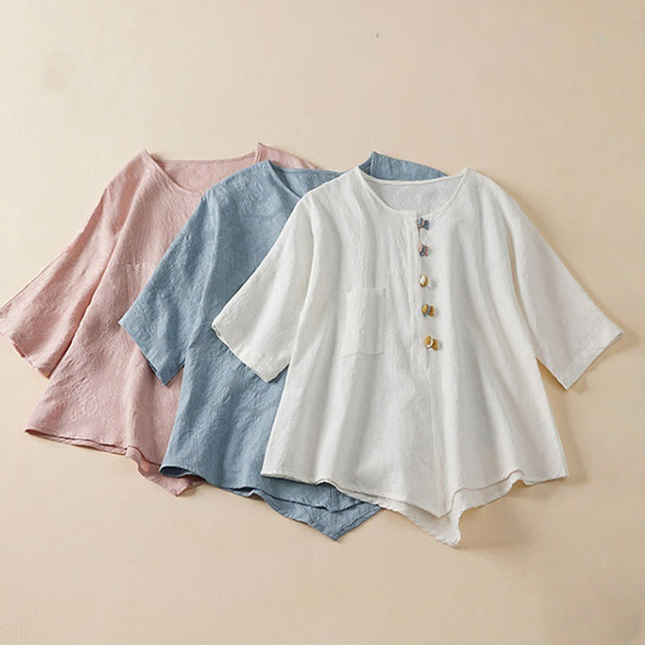 Buddha Stonesカジュアルフラワーカラフルフロッグボタン半袖コットンリネンレディースシャツ - image 1