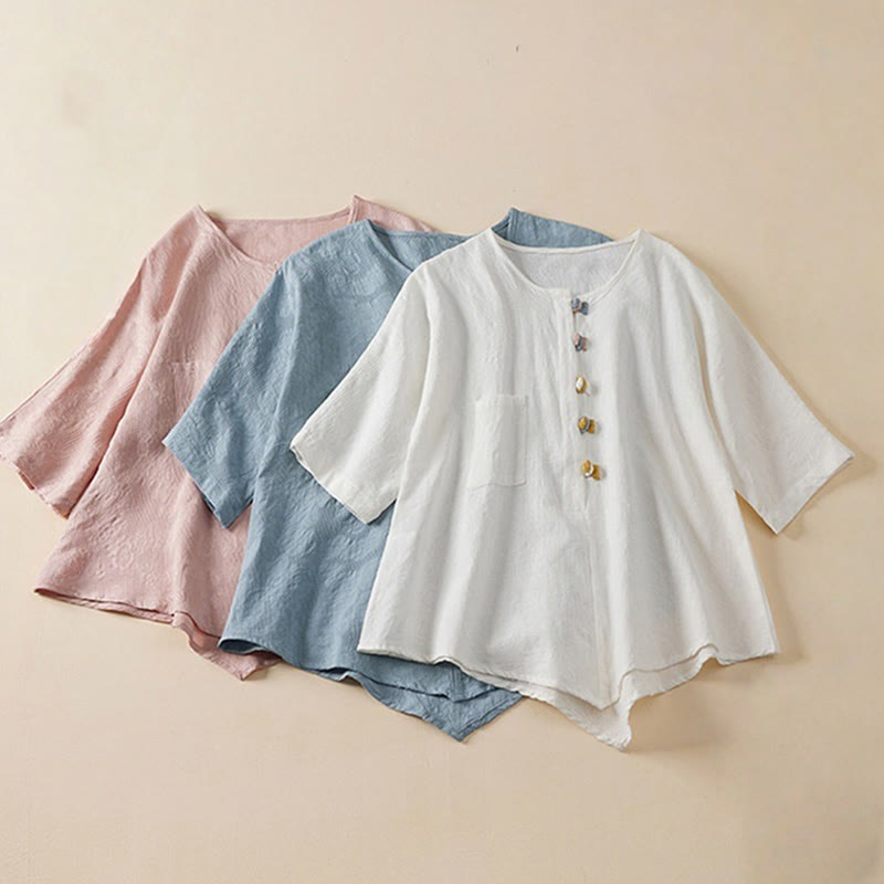 Buddha Stonesカジュアルフラワーカラフルフロッグボタン半袖コットンリネンレディースシャツ - image 1