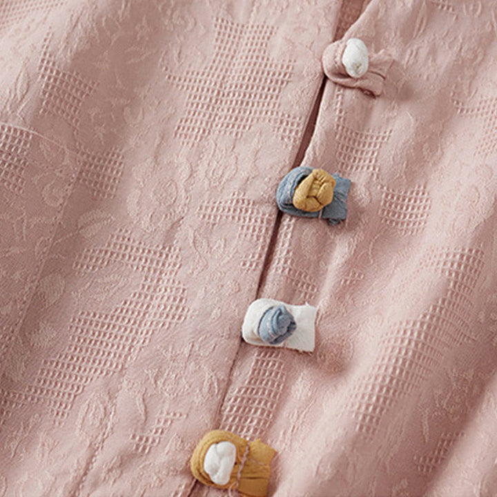 Buddha Stonesカジュアルフラワーカラフルフロッグボタン半袖コットンリネンレディースシャツ - image 7