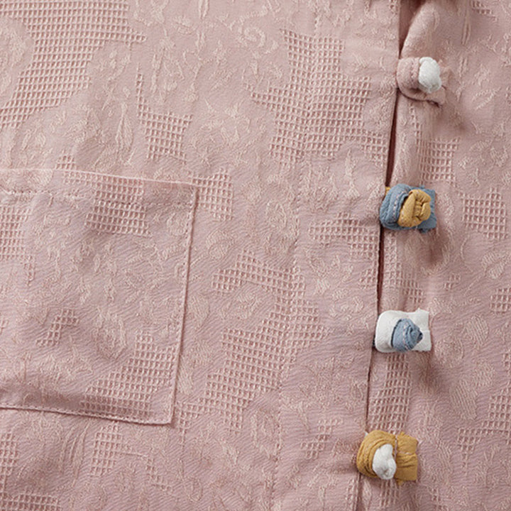 Buddha Stonesカジュアルフラワーカラフルフロッグボタン半袖コットンリネンレディースシャツ - image 8