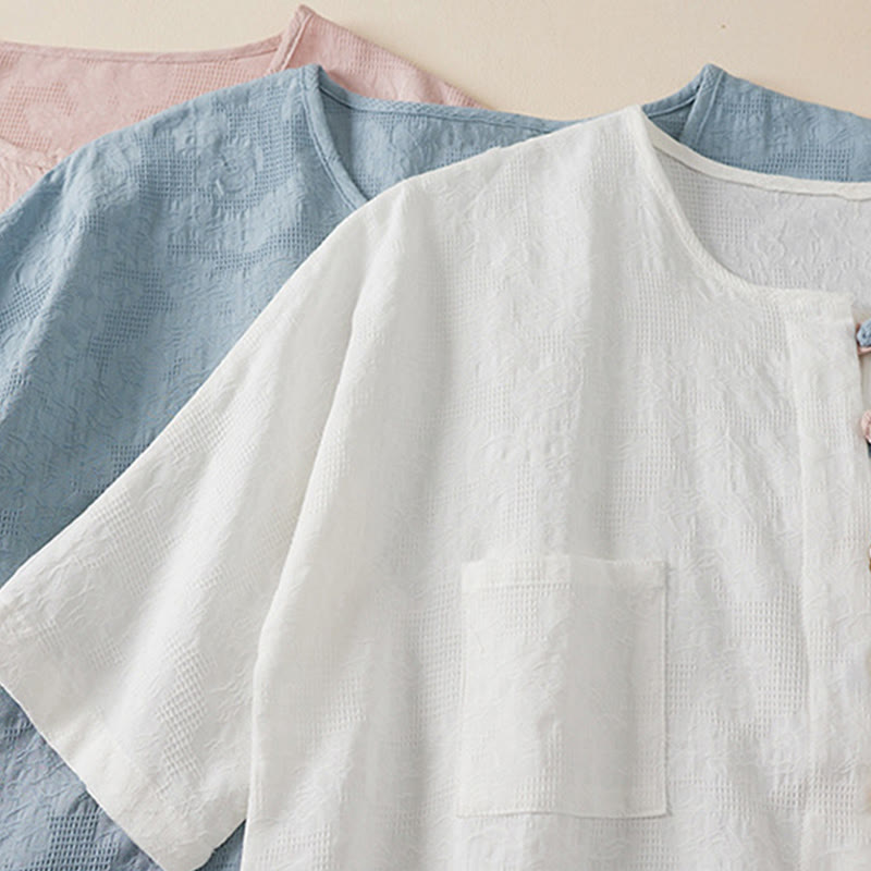 Buddha Stonesカジュアルフラワーカラフルフロッグボタン半袖コットンリネンレディースシャツ - image 16