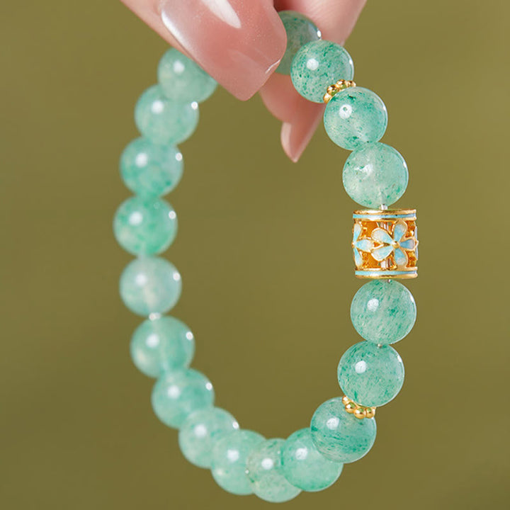 Buddha Stones925スターリングシルバー グリーンストロベリークォーツ フラワーカームブレスレット