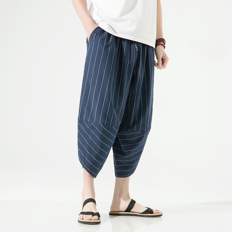 Buddha Stonesカジュアル 無地 ストライプ柄 ドローストリング メンズ 7-8丈 コットンリネン ハーレムパンツ ポケット付き - image 23