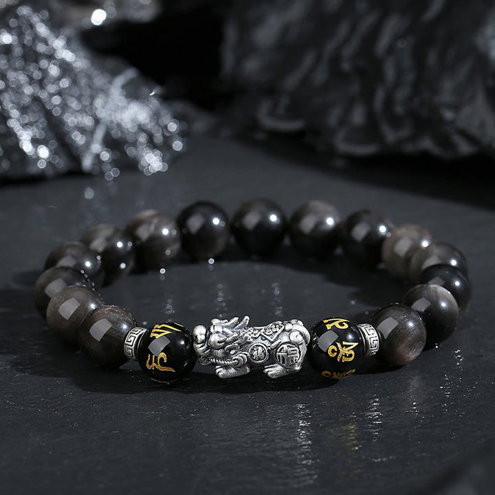 Buddha Stones 999スターリングシルバー 貔貅 天然黒曜石強さブレスレット