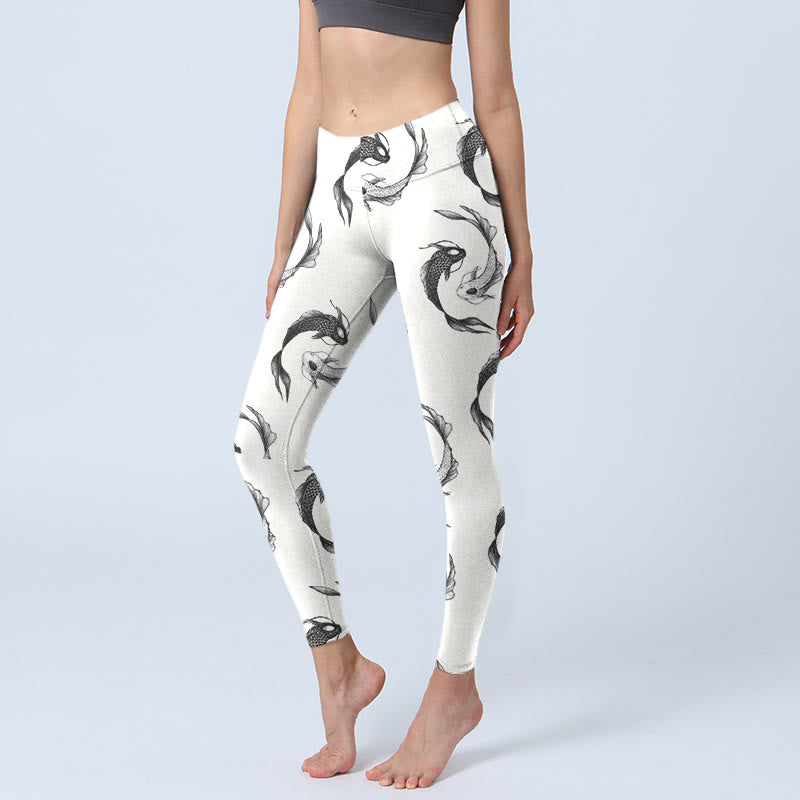 Buddha Stones、YinYang、鯉、魚の模様プリント、ジムレギンス、レディースヨガパンツ - 白 - US18、 UK/AU22、 EU50 (4XL) - image 1