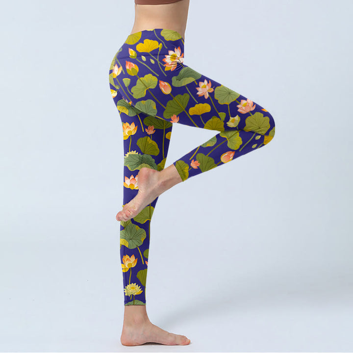 Buddha Stones、ピンクと白の蓮の花、蓮の葉の模様プリントのジムレギンス、レディースヨガパンツ - image 5