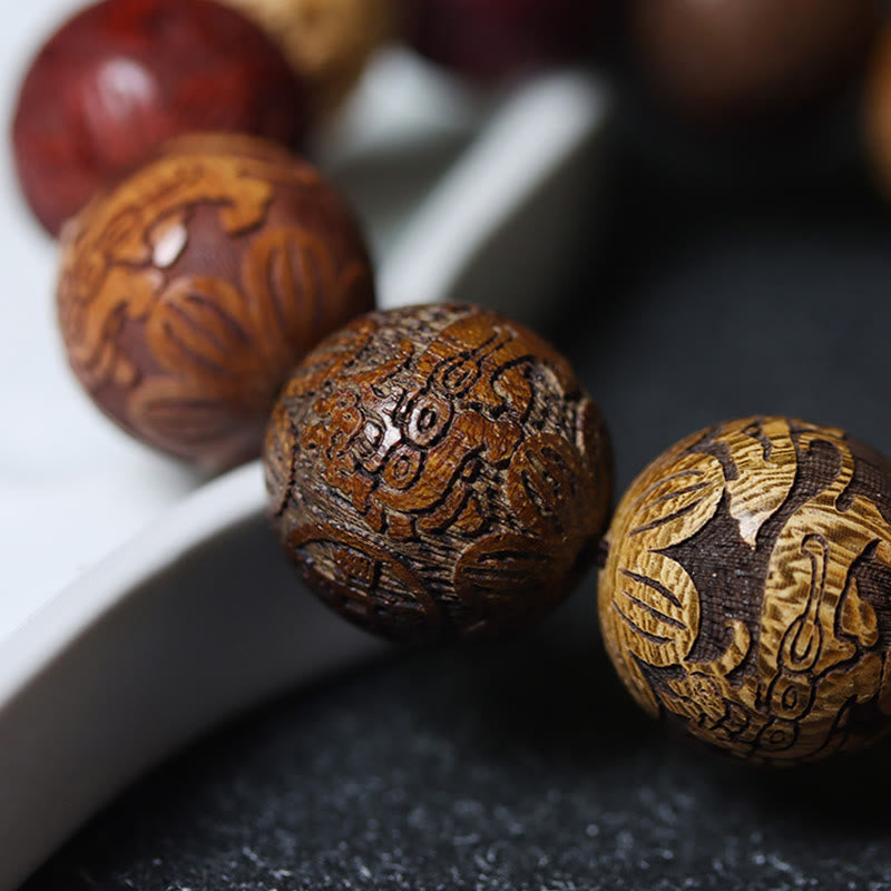 Buddha Stones彫刻 白檀 十二支 縁起の良い龍 鳳凰 福文字 ヒーリングブレスレット