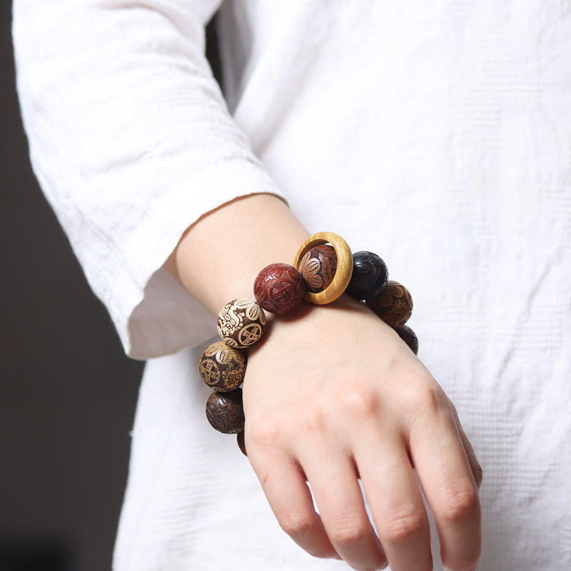 Buddha Stones彫刻 白檀 十二支 縁起の良い龍 鳳凰 福文字 ヒーリングブレスレット