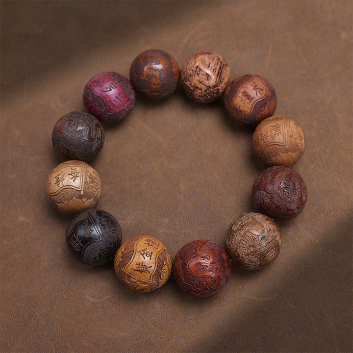 Buddha Stones彫刻 白檀 十二支 縁起の良い龍 鳳凰 福文字 ヒーリングブレスレット