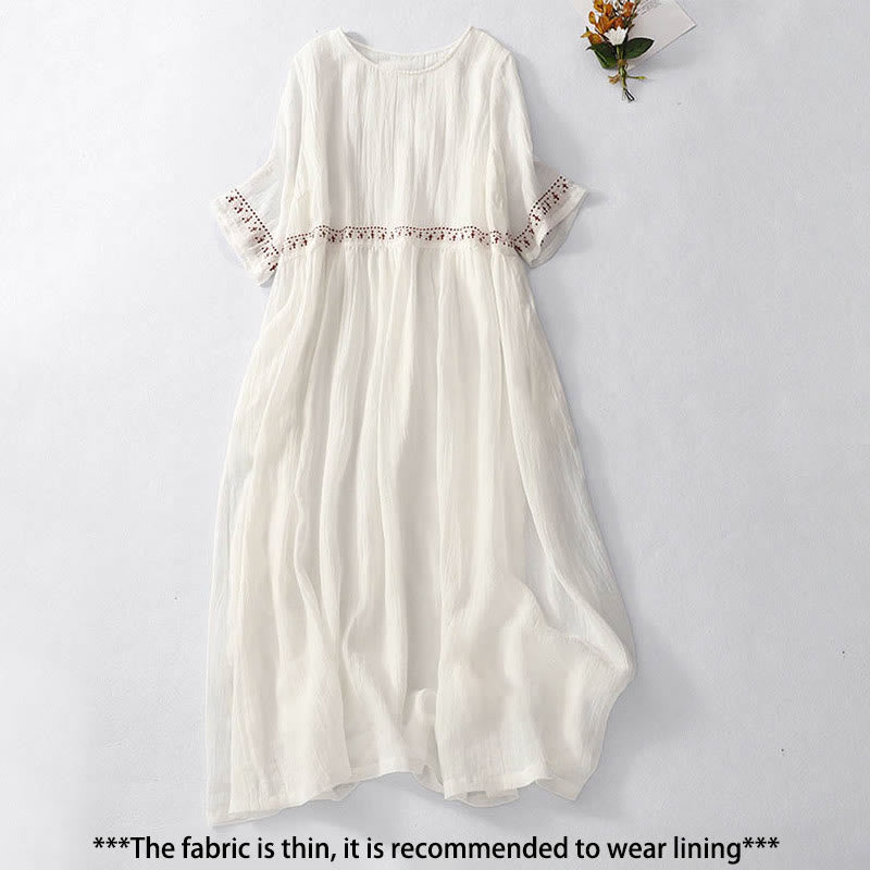 Buddha Stones無地刺繍半袖コットンミディドレス - image 2