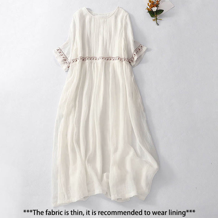 Buddha Stones無地刺繍半袖コットンミディドレス - image 2