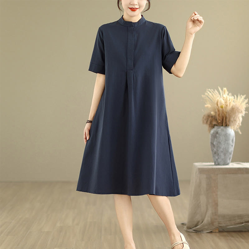 Buddha Stones通勤用チェック柄シンプルデザインコットン半袖ミディドレス(ポケット付き) - image 5