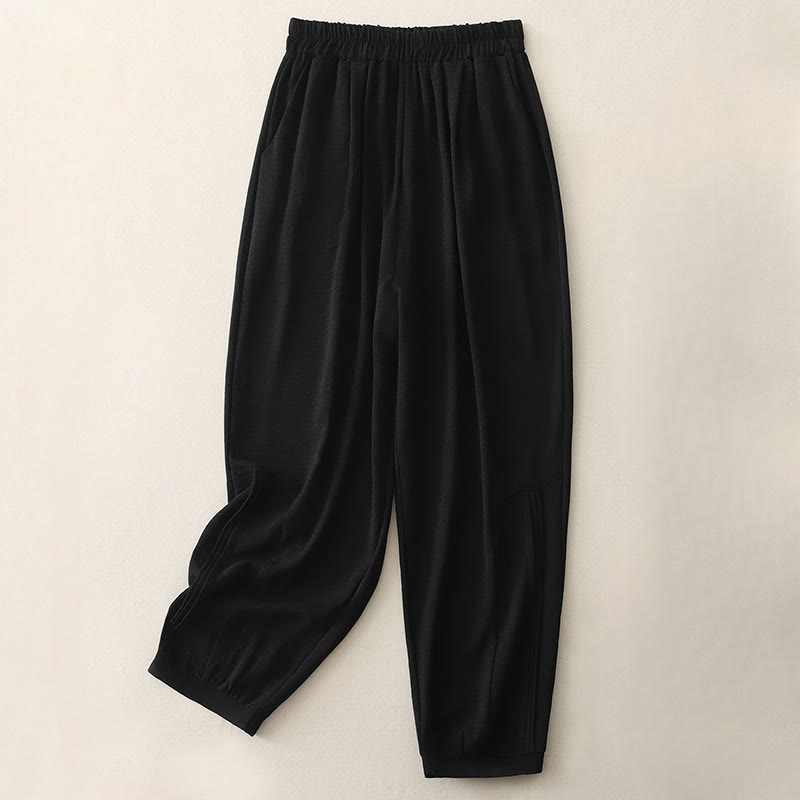 Buddha Stones夏通勤 無地プリーツデザイン 7-8丈 レディース ハーレム コットンリネン パンツ ポケット付き - 黒 - US8-10,UK/AU12-14,EU40-42 (2XL) - image 1