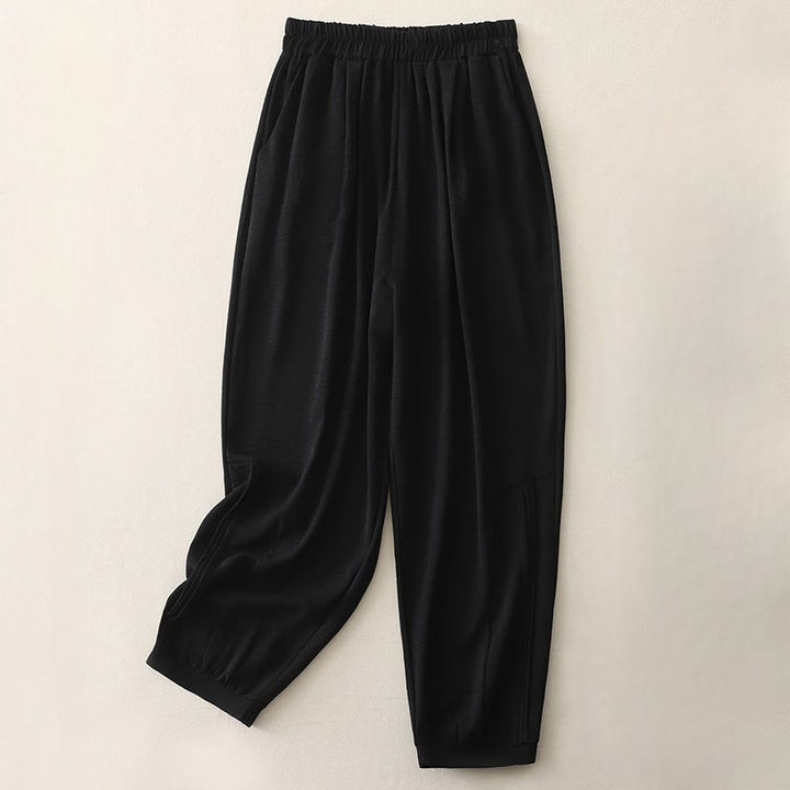 Buddha Stones夏通勤 無地プリーツデザイン 7-8丈 レディース ハーレム コットンリネン パンツ ポケット付き - 黒 - US8-10,UK/AU12-14,EU40-42 (2XL) - image 1