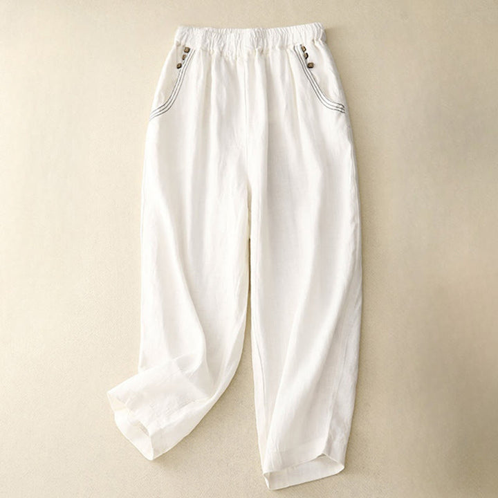 Buddha Stones通勤カジュアル 純色ボタンデザイン 7-8丈 レディース ハーレム コットンパンツ ポケット付き - 白 - US8-10,UK/AU12-14,EU40-42 (2XL) - image 11