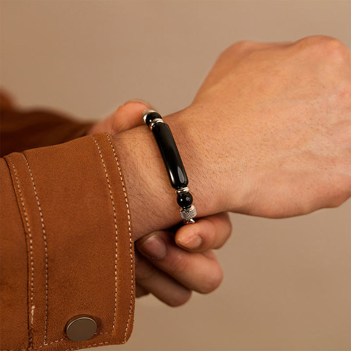 Buddha Stonesタイガーアイ ブラックオブシディアン チタン鋼 強度バックルブレスレット