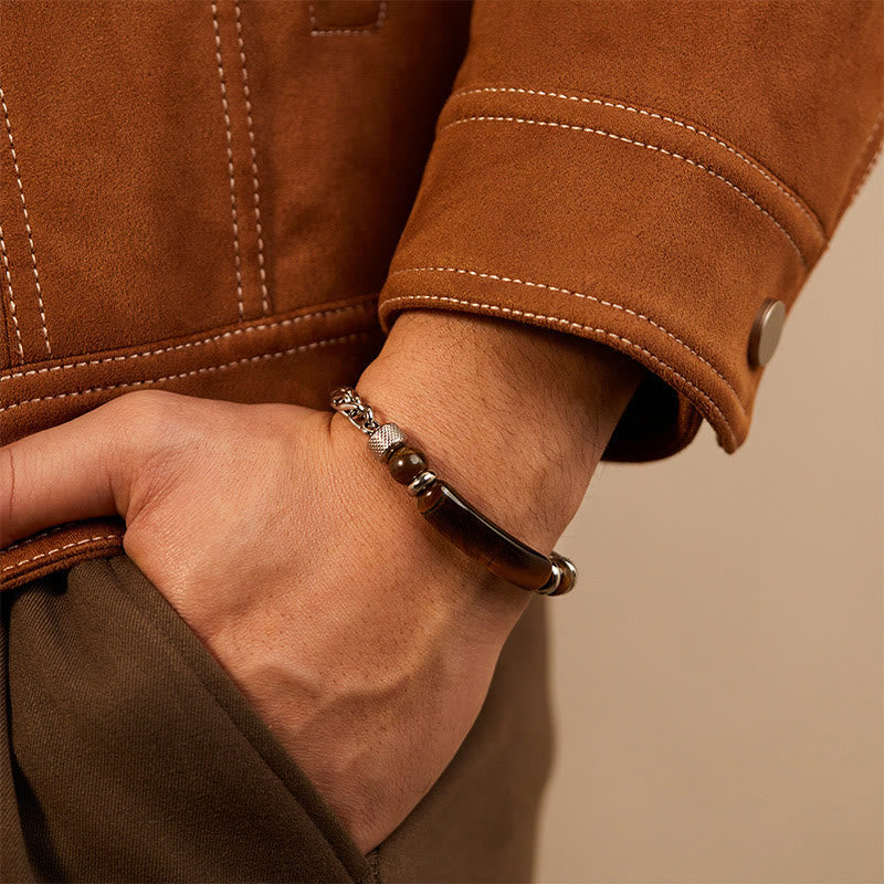 Buddha Stonesタイガーアイ ブラックオブシディアン チタン鋼 強度バックルブレスレット