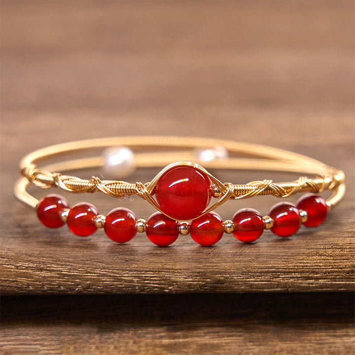 Buddha Stones 14K ゴールドフィルド銅製天然レッドアゲートビーズ 自信を与えるメタルカフブレスレットバングル