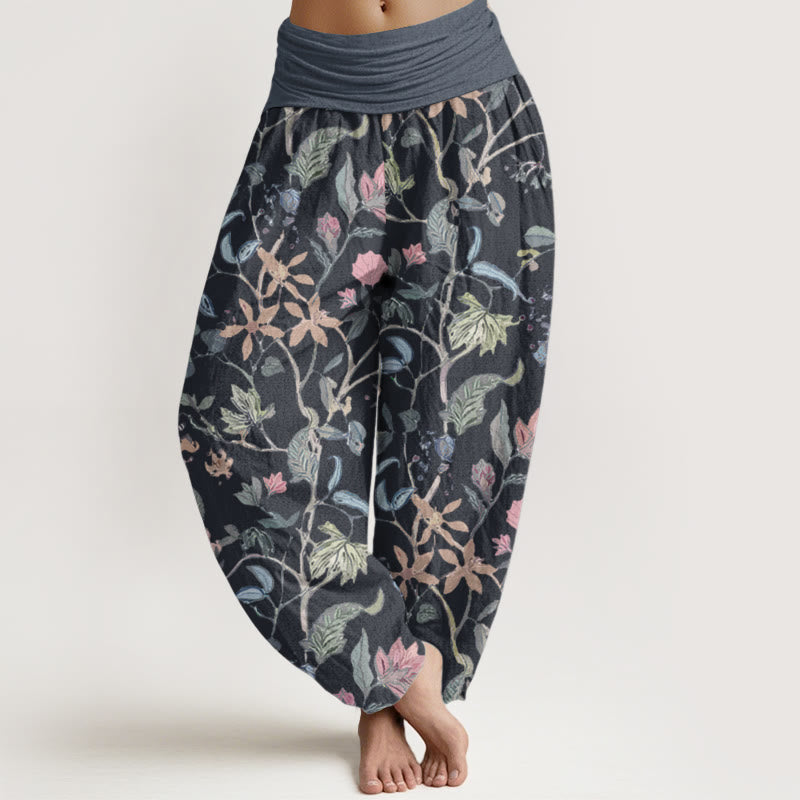 Buddha Stonesピュアコットン 花柄 葉 つるデザイン レディース 伸縮性ウエスト ハーレムパンツ