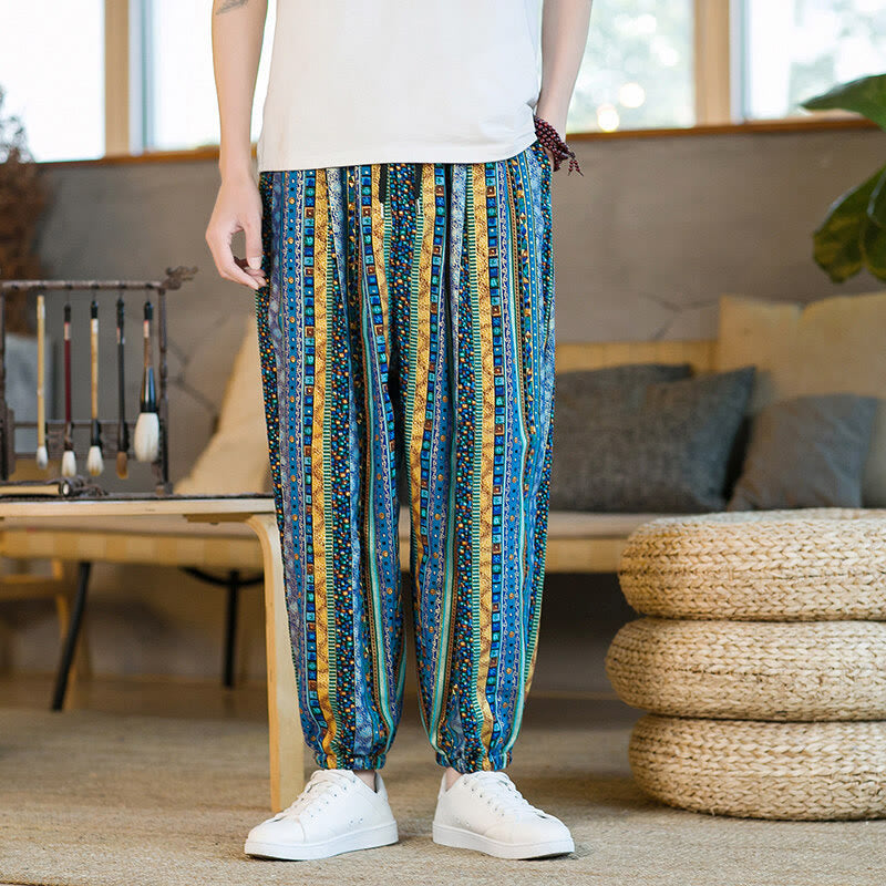 Buddha Stonesのカラフルなストライプ柄コットンリネンメンズアンクル丈ハーレムパンツ(ポケット付き) - image 1