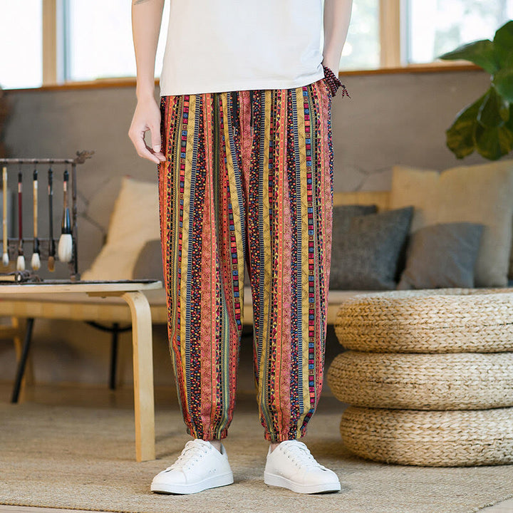 Buddha Stonesのカラフルなストライプ柄コットンリネンメンズアンクル丈ハーレムパンツ(ポケット付き) - ダークサーモン - US/UK/AU46、 EU56 (5XL) - image 10