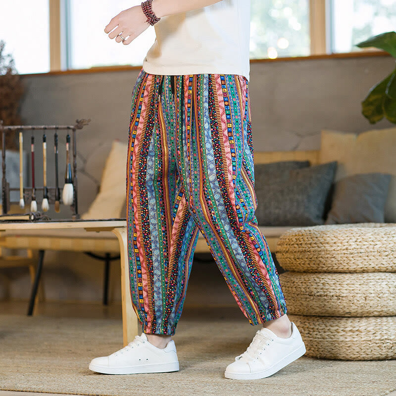 Buddha Stonesのカラフルなストライプ柄コットンリネンメンズアンクル丈ハーレムパンツ(ポケット付き) - image 20