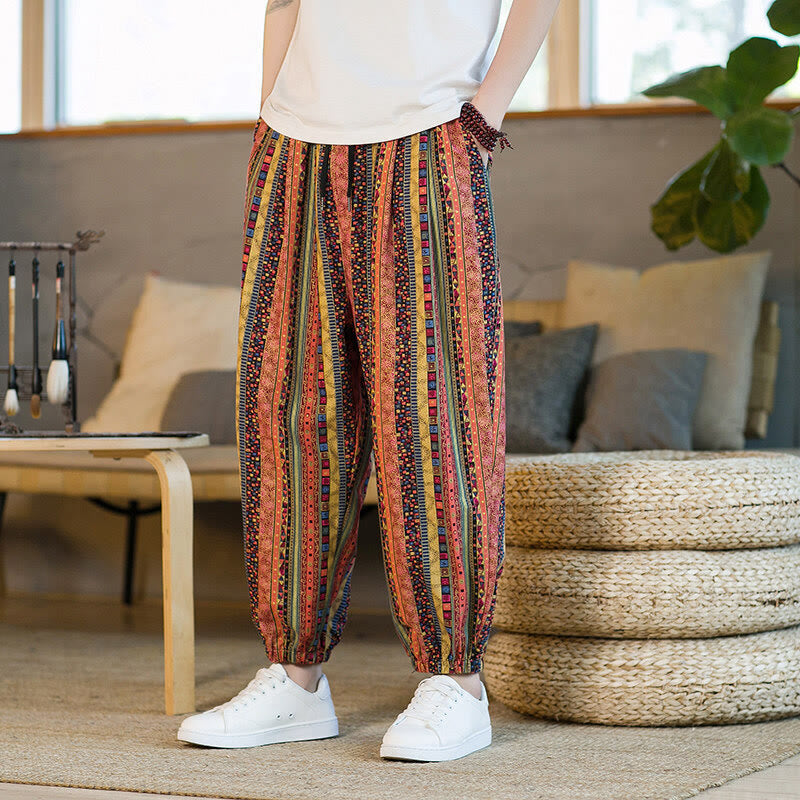 Buddha Stonesのカラフルなストライプ柄コットンリネンメンズアンクル丈ハーレムパンツ(ポケット付き) - image 11