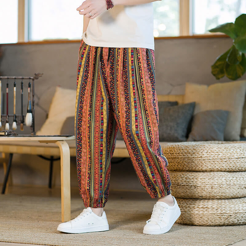 Buddha Stonesのカラフルなストライプ柄コットンリネンメンズアンクル丈ハーレムパンツ(ポケット付き) - image 12