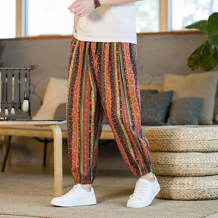 Buddha Stonesのカラフルなストライプ柄コットンリネンメンズアンクル丈ハーレムパンツ(ポケット付き) - image 12