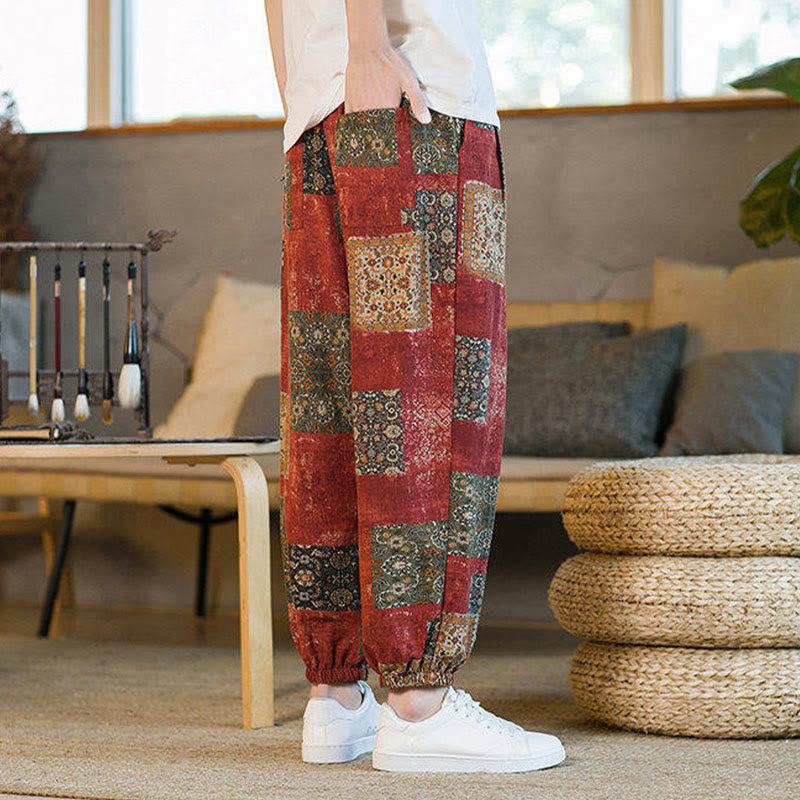 Buddha Stonesサマースクエアパッチワークコットンリネンメンズアンクル丈ハーレムパンツ(ポケット付き) - image 13